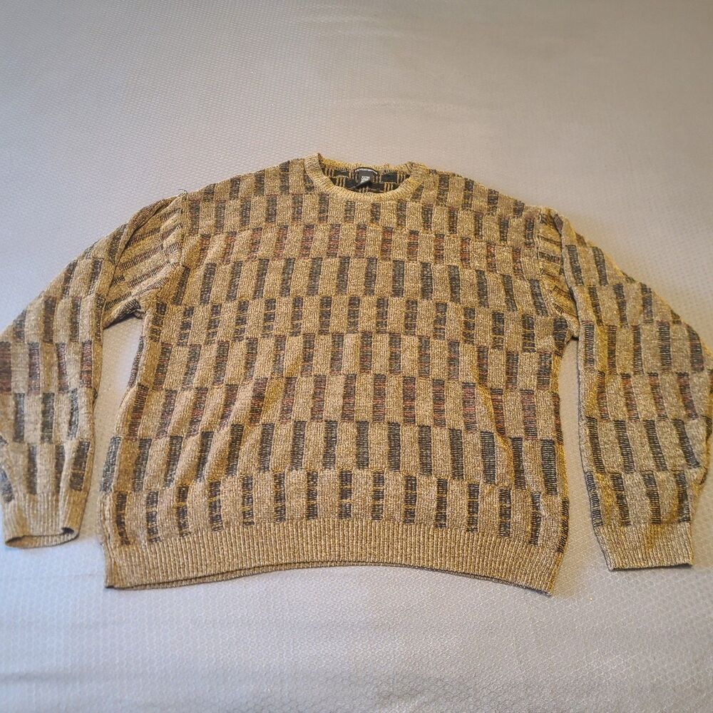 Mens XL Knightsbridge Chenille Sweater Pull Over 80’s Vibe Brown Long Sleeve